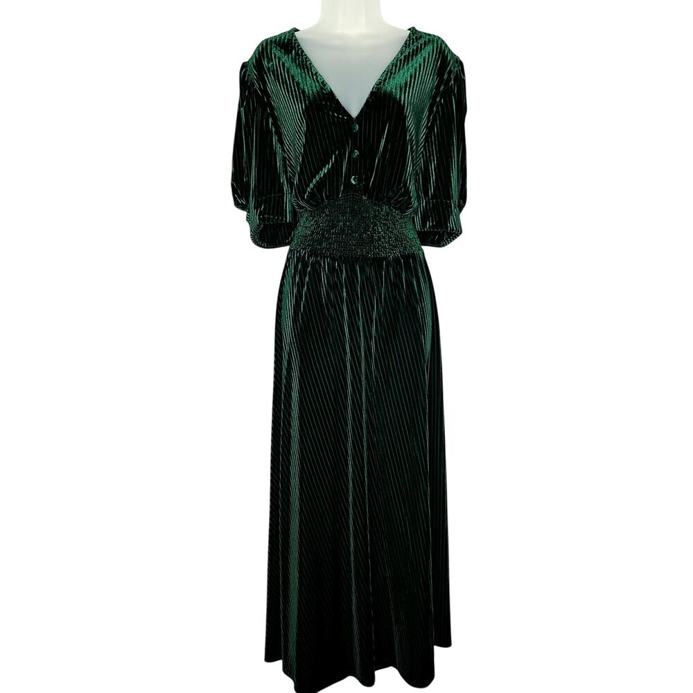 Velvet Smocked Maxi Dress 24W 3X Emerald Full Sweep Fall 40s Retro Pinup Fashion